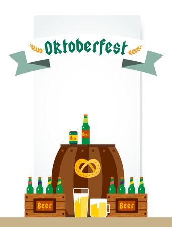 Oktoberfest celebration vector background poster. Oktoberfest vector illustration background text. Beer Oktoberfest German festival vector background. Keg of beer, bottle beer box. Oktoberfest posterのイラスト素材
