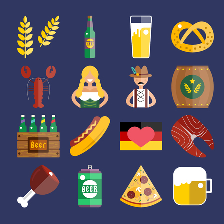 Set of flat Oktoberfest vector icons. Bottle Beer, Food and Drinks. Oktoberfest traditional German Oktoberfest festival icons, flat icons. Oktoberfest vector flat icons set. Food and drinks iconsのイラスト素材