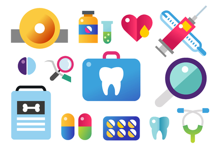 Dental vector icons set. Dentist clinic icons . Vector tooth, heart, pills, health care, tooth care, oral hygiene, tooth, toothbrush. Dentist clinic doctor office tools. Tooth halth careのイラスト素材