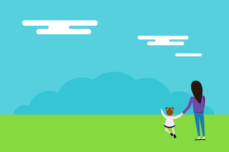 Happy family walks on nature background. Woman and girl daughter walking outdoor nature. Sky, grass, background. Summer time illustration. Woman and girl connected hands together. Family conceptのイラスト素材