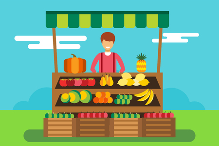 Fruit and vegetables shop stall. Shop man silhouette, buyers, clients. Woman, girl family in fruits shop. Food shop vector illustration. Banana, apple, orange, lime, pumpkin fruits. Fruit kiosk vectorのイラスト素材