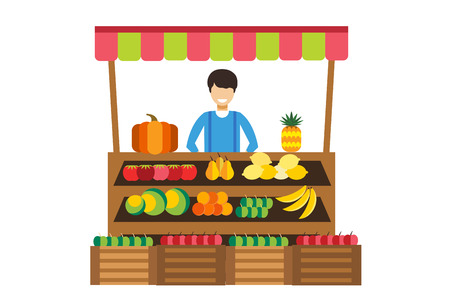 Fruit and vegetables shop stall. Shop man silhouette, buyers, clients. Woman, girl family in fruits shop. Food shop vector illustration. Banana, apple, orange, lime, pumpkin fruits. Fruit kiosk vectorのイラスト素材