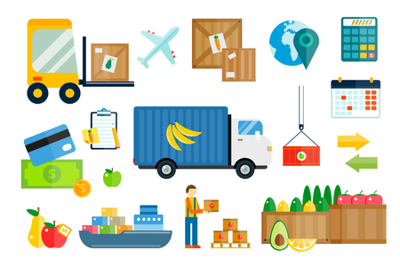 Import export fruits and vegetables delivery vector icons set. Vector flat icons infographic. Colorful modern design flat icons, import export symbols, delivery, shipping,  plain, fruits logistics. Delivery vector iconsのイラスト素材