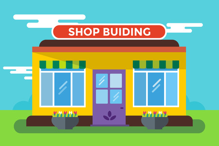 Shop buildings vector illustration. Shop building silhouette, shop vector building. Fruits shop, flowers shop. Food shop vector illustration. Shop kiosk vector outdoorのイラスト素材