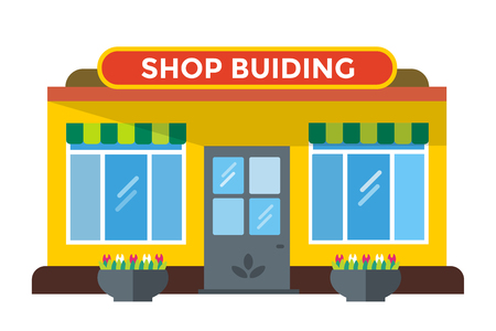 Shop buildings vector illustration. Shop building silhouette, shop vector building. Fruits shop, flowers shop. Food shop vector illustration. Shop kiosk vector outdoorのイラスト素材
