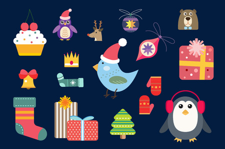 Christmas vector icons set. Christmas tree, Christmas ball, Christmas letter, Christmas birds, Christmas cake. Christmas Gift, socks, ball, snowflake, Christmas Decoration symbols. 2016 New Year iconsのイラスト素材