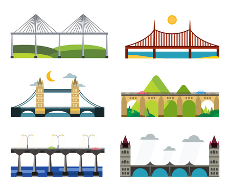 Bridge vector set. Bridges silhouette vector illustration. Different bridges from countries isolated on white. Bridges vector icons. Travel, cars, road, bridge, outdoor. Bridges vector isolatedのイラスト素材