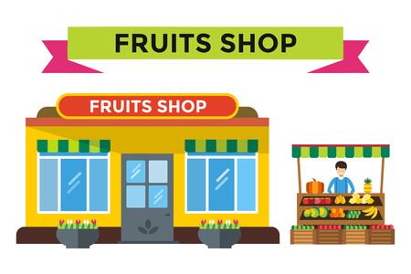 Fruit and vegetables shop stall. Shop man silhouette, buyers, clients. Woman, girl family in fruits shop. Food shop vector illustration. Banana, apple, orange, lime, pumpkin fruits. Fruit kiosk vectorのイラスト素材