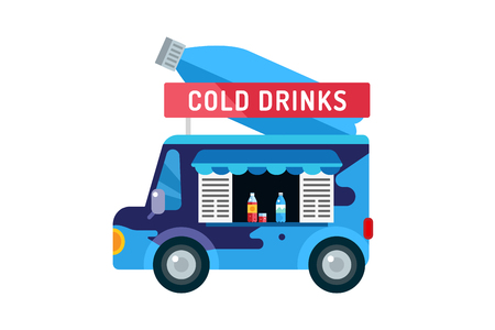 Water shop food car icon. Nature product, vitamin symbol, auto restaurant, mobile kitchen, fresh nature drinks, fastfood, blue, vegans. Design elements.  Isolated on whiteのイラスト素材