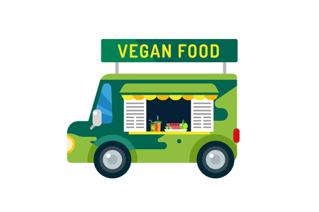 Vegan city food car van icon. Take out food. Nature product, vitamin symbol, auto restaurant, mobile kitchen, hot fastfood, green vegetables. Vegan food, nature products. Food market. Isolated on whiteのイラスト素材