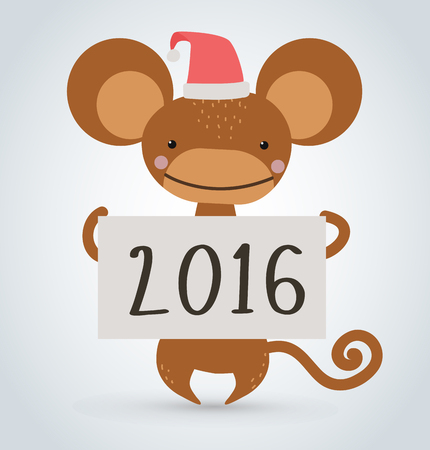 New Year Christmas ape wild cartoon animal holding 2016 board vector cartoon. Wild cartoon monkey. Christmas ape monkey. Monkey cartoon illustration. Vector ape holding new year board. Monkey holding 2016 text paper sheetのイラスト素材