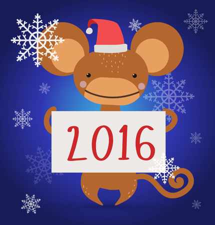 New Year Christmas ape wild cartoon animal holding 2016 board vector cartoon. Wild cartoon monkey. Christmas ape monkey. Monkey cartoon illustration. Vector ape holding new year board. Monkey holding 2016 text paper sheetのイラスト素材
