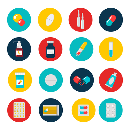Pills capsules icons vector flat set. Medical vitamin pharmacy vector pills illustration. Pills, capsule, drugs, box and bottle. Pills vector bottle box. Pills isolated iconsのイラスト素材
