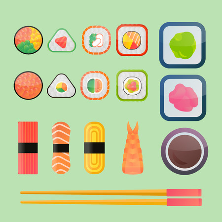 Sushi vector flat icons set. Soy sauce, sushi roll. Japanese food sushi icons. Vector cartoon sushi set collection. Sushi  vector silhouette, sushi flat modern collection. Sushi restaurant food. Seafood, food, sushi, salmon, rollのイラスト素材