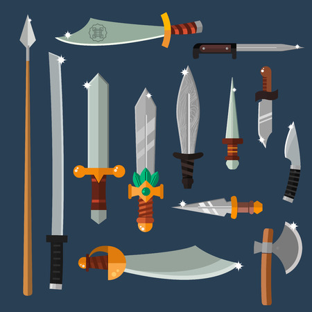 Knifes weapon collection. Vector illustration of swords, knifes, axe, spear. Edged weapons vector weapon set. Vector knife, knife isolated, knifes silhouette. Game weapon vector setのイラスト素材
