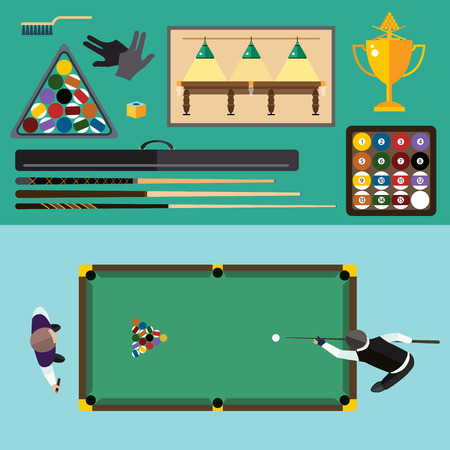 Billiards flat illustration. Billiards  pool game accessories. Billiards club, billiards table and billiards players. Billiard pool game balls icons set vector illustration. Billiards vector, billiards sport, billiards people. Billiards competitionのイラスト素材