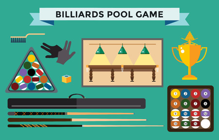 Billiards flat illustration. Billiards  pool game accessories. Billiards club, billiards table and billiards players. Billiard pool game balls icons set vector illustration. Billiards vector, billiards sport, billiards people. Billiards competitionのイラスト素材
