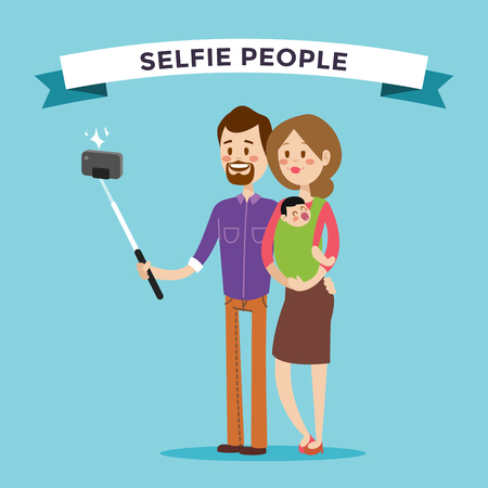 Selfie family portreit vector illustration. Selfie shot man, woman, small kid. Vector selfie people set. Selfie vector concept modern family with selfie photo camera. Family smile, family conceptのイラスト素材