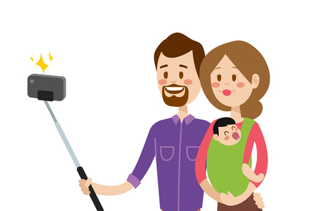 Selfie family portreit vector illustration. Selfie shot man, woman, small kid. Vector selfie people set. Selfie vector concept modern family with selfie photo camera. Family smile, family conceptのイラスト素材