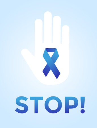 Stop cancer medical poster concept. Cancer pink ribbon, breast cancer awareness symbol, isolated on background. Vector illustration of cancer ribbon for people illed cancer and human hand Stop symbol. Medical clinics conceptのイラスト素材