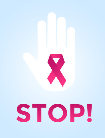 Stop cancer medical poster concept. Cancer pink ribbon, breast cancer awareness symbol, isolated on background. Vector illustration of cancer ribbon for people cancer and human hand Stop symbol. Medical clinics conceptのイラスト素材