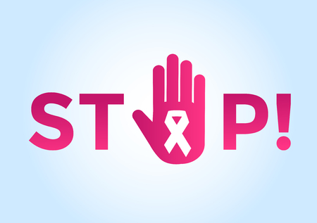 Stop cancer medical poster concept. Cancer pink ribbon, breast cancer awareness symbol, isolated on background. Vector illustration of cancer ribbon for people cancer and human hand Stop symbol. Medical clinics conceptのイラスト素材