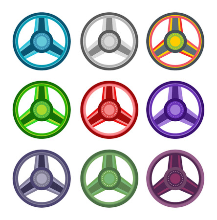 Vector rudder flat icons set. Rudder wheel illustration. Boat wheel control rudder vector icons set. Rudders, ships, se, wheel, round, control, yacht, cruise. Rudder icon. Wheel icons. Rudder and wheel isolatedのイラスト素材