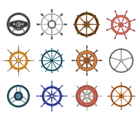Vector rudder flat icons set. Rudder wheel illustration. Boat wheel control rudder vector icons set. Rudders, ships, se, wheel, round, control, yacht, cruise. Rudder icon. Wheel icons. Rudder and wheel isolatedのイラスト素材