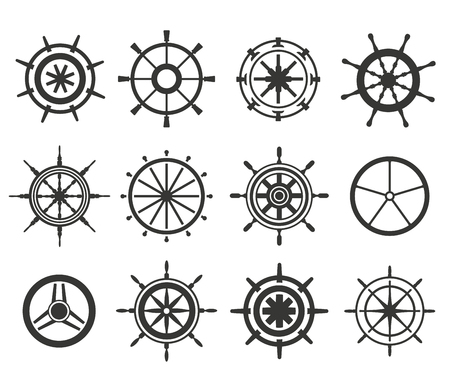 Vector rudder black and white flat icons set. Rudder wheel illustration. Boat wheel control rudder vector icons set. Rudders, ships, se, wheel, round, control, yacht, cruise. Rudder icon. Wheel icons. Rudder and wheel isolatedのイラスト素材