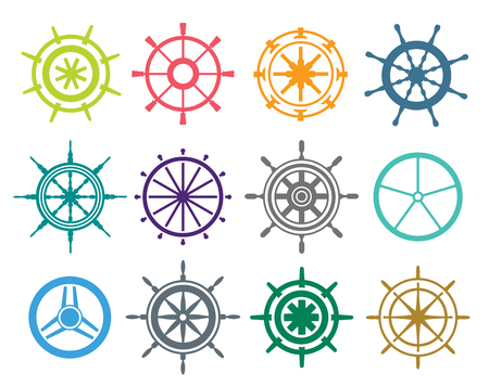 Vector rudder flat icons set. Rudder wheel illustration. Boat wheel control rudder vector icons set. Rudders, ships, se, wheel, round, control, yacht, cruise. Rudder icon. Wheel icons. Rudder and wheel isolatedのイラスト素材