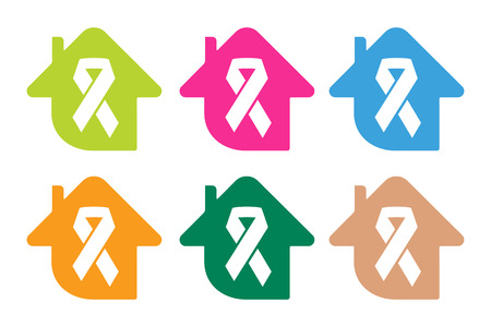 Stop cancer medical clinic house logo icon concept. Cancer ribbon, breast cancer awareness symbol, isolated on background. Vector illustration of cancer ribbon for people cancer and clinic hospital house symbol. Medical clinics conceptのイラスト素材