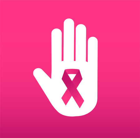 Stop cancer medical logo icon concept. Cancer pink ribbon, breast cancer awareness symbol, isolated on background. Vector illustration of cancer ribbon for people cancer and human hand Stop symbol. Medical clinics conceptのイラスト素材