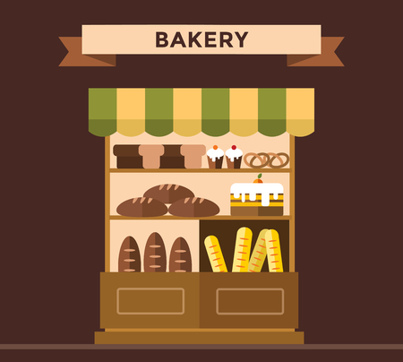 Bakery shop stall with bakery products. Bakery cakes, bread, bakery shop stall isolated. Food shop, cake cafe, bread shop isolated. Bakery store background. Bakery products, bakery shop, bakery sweetsのイラスト素材