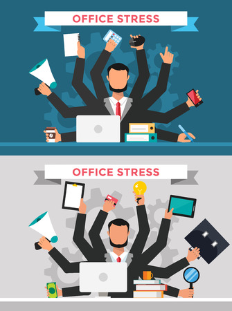 Office job stress work vector illustration. Stress on work. Business man many hands. Office life business man. Business situation. People in action. Computer, table, many hands, work. Office vector people. Stress on jobのイラスト素材