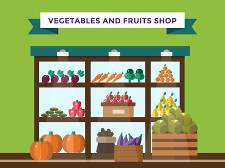 Fruit and vegetables shop stall. Shop market fruits silhouette. Supermarket food shop, fruits shop stall. Food shop vector illustration. Banana, apple, orange, lime, pumpkin fruits. Fruit kiosk vectorのイラスト素材