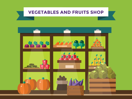 Fruit and vegetables shop stall. Shop market fruits silhouette. Supermarket food shop, fruits shop stall. Food shop vector illustration. Banana, apple, orange, lime, pumpkin fruits. Fruit kiosk vectorのイラスト素材