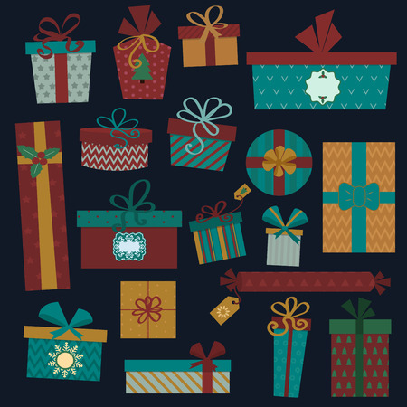 Colorful gift boxes with bows and ribbons vector set. Gift boxes vector illustration. Set of vector Christmas gift box. Christmas box isolated. Christmas and birthday gift box set. Holiday gift box setのイラスト素材