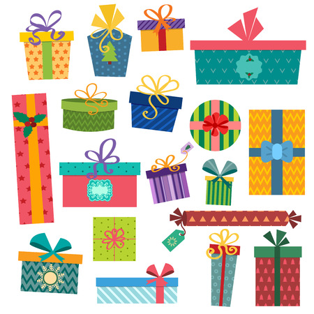 Colorful gift boxes with bows and ribbons vector set. Gift boxes vector illustration. Set of vector Christmas gift box. Christmas box isolated. Christmas and birthday gift box set. Holiday gift box setのイラスト素材