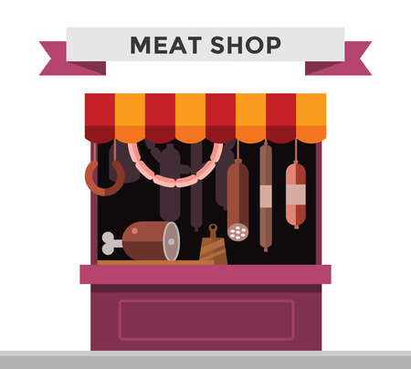 Meat shop stall with meats products. Meat pork, beef, steak, ham shop stall isolated. Food shop, sausage, butcher meat shop isolated. Meat store background. Meat products, meat shop, meat productsのイラスト素材