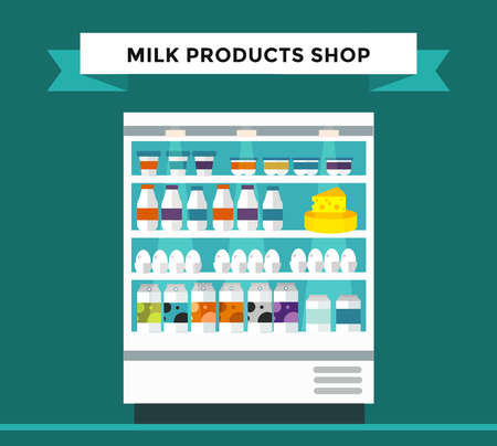 Milk products shop stall. Milk bottle, cheese, milk glasses, milk products shop stall isolated. Food shop, drinks, shelf milk store isolated. Milk store background. Milk products, milk shop, milk productsのイラスト素材