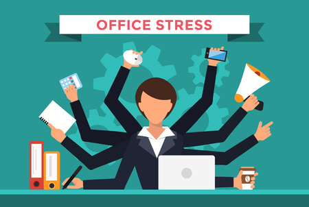 Office job stress work vector illustration. Stress on work. Business woman day. Office life business girl. Business situation. People in action. Computer, table, many hands, work. Office vector people. Stress on jobのイラスト素材