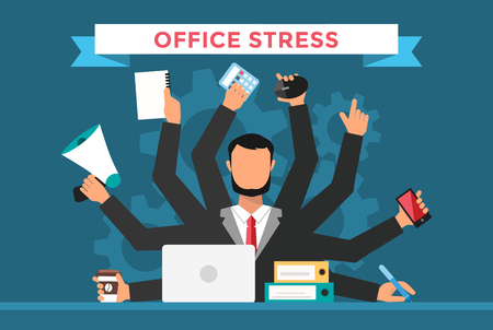 Office job stress work vector illustration. Stress on work. Business man day. Office life business man. Business situation. People in action. Computer, table, many hands, work. Office vector people. Stress on jobのイラスト素材