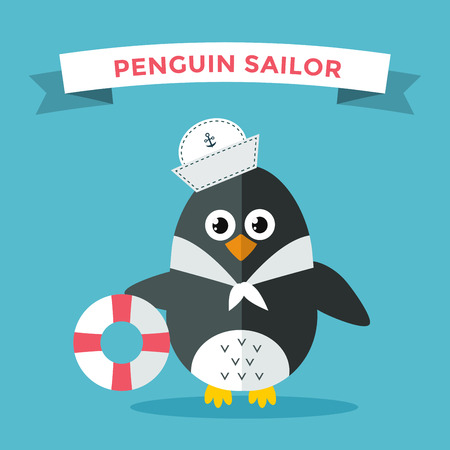 Cartoon penguin character vector illustration. Cartoon funny penguin sailor or captian. Penguin captain, sailor, captain hat, sailor penguin. Cartoon penguin vector illustration. Penguin vector characterのイラスト素材