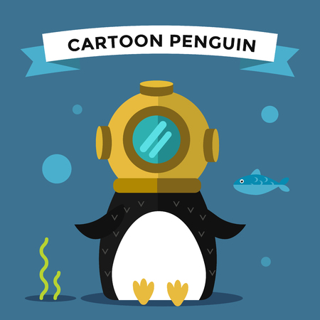 Cartoon penguin character vector illustration. Cartoon funny penguin diver or underwater. Penguin diver, scuba, sea diver hat, diver penguin. Cartoon penguin vector illustration. Penguin vector characterのイラスト素材