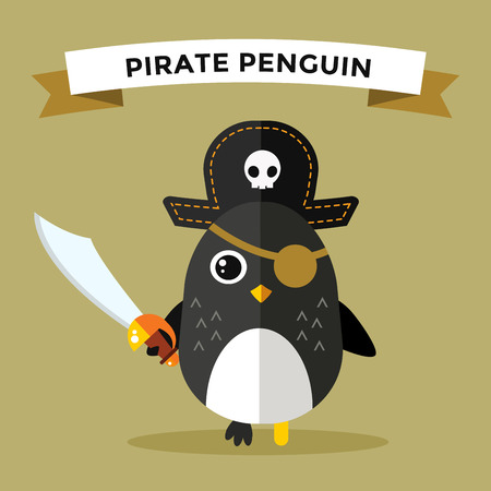 Cartoon penguin character vector illustration. Cartoon funny penguin captain or pirate. Penguin captain, sailor, pirate hat, pirate penguin. Cartoon penguin vector illustration. Penguin vector characterのイラスト素材