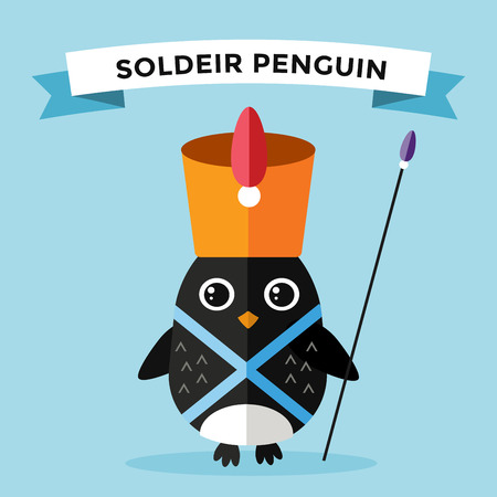 Cartoon penguin character vector illustration. Cartoon funny penguin guard or military soldeir. Penguin soldeir, guardian, guard hat penguin. Cartoon penguin vector illustration. Penguin vector characterのイラスト素材