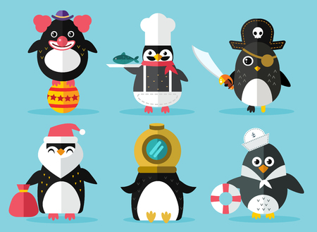 Penguin set vector illustration. Cartoon funny penguins different situations. Penguin clown, pirate, christmas, captain, sailor, cook. Cartoon penguin vector set illustration. Penguin vector charactersのイラスト素材