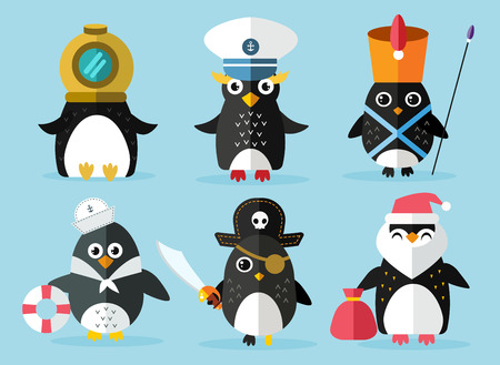 Penguin set vector illustration. Cartoon funny penguins different situations. Penguin clown, pirate, christmas, captain, sailor, cook. Cartoon penguin vector set illustration. Penguin vector charactersのイラスト素材