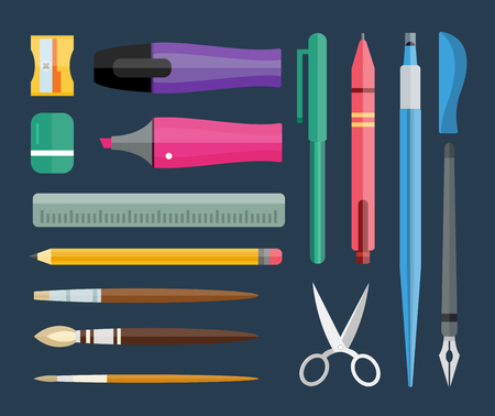 Flat stationery and drawing tools, pen set. Paintbrushes, felt-tip, pencil and marker highlighter collection. Pens vector set. School pens and tools. Artistic tools and brushesのイラスト素材