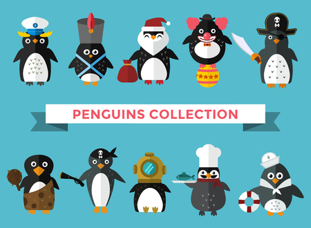 Penguin set vector illustration. Cartoon funny penguins different situations. Penguin clown, pirate, christmas, captain, sailor, cook. Cartoon penguin vector set illustration. Penguin vector charactersのイラスト素材